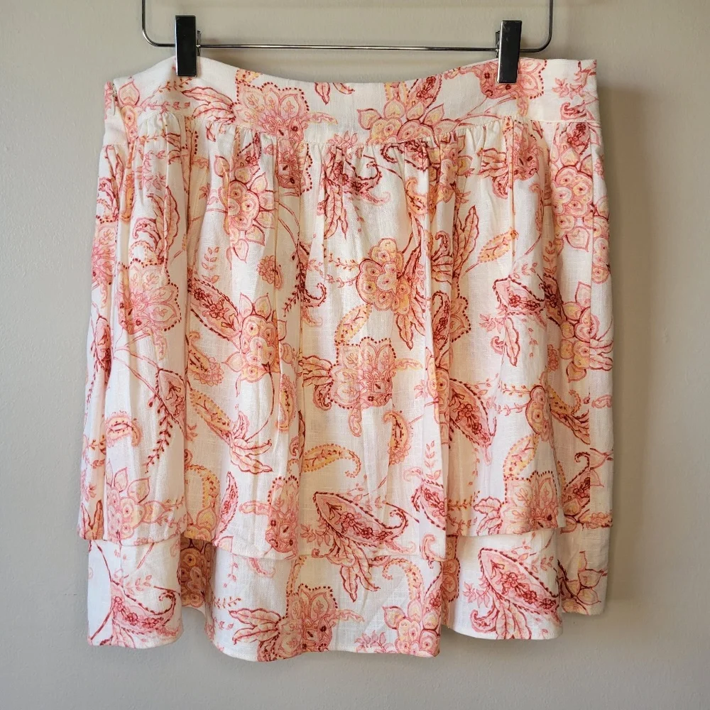 Express Women's Pink Ivory Linen Blend Floral Tiered Ruffle Mini Skirt Sz 14 New